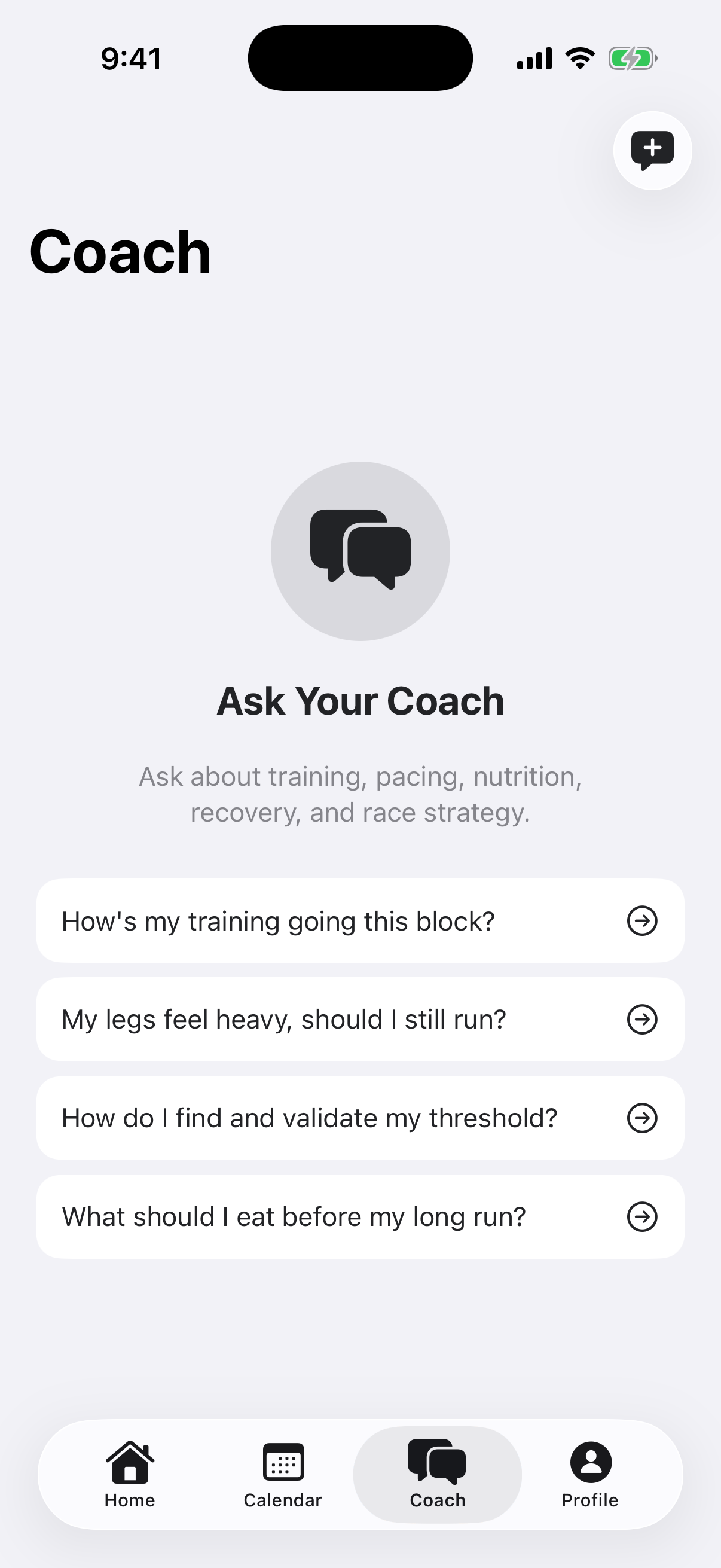 Threshold coach chat screen with training questions and plan context.