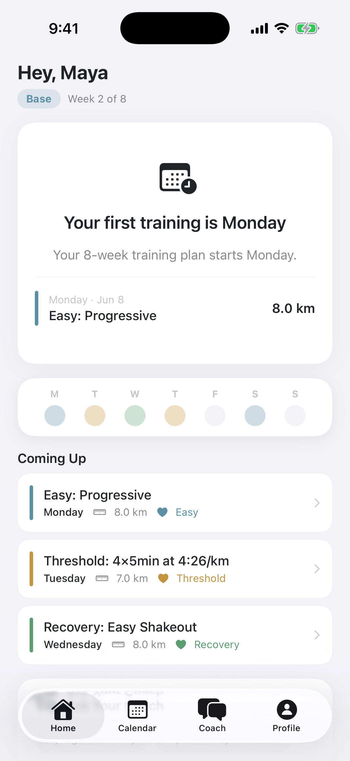Threshold home screen showing the next run, week progress, and upcoming sessions.