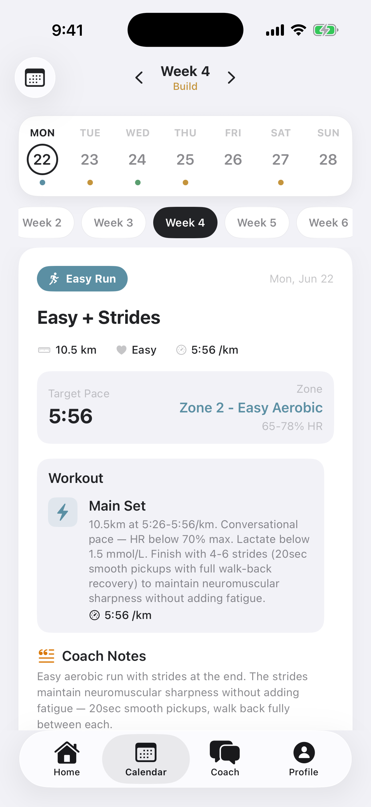 Threshold training screen showing week four, workout pace targets, and coach notes.